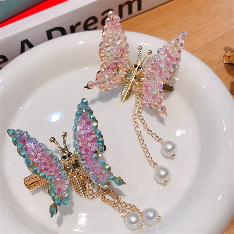 Children's Butterfly Rhinestone Hair Clip with Pearl Tassel Accessories