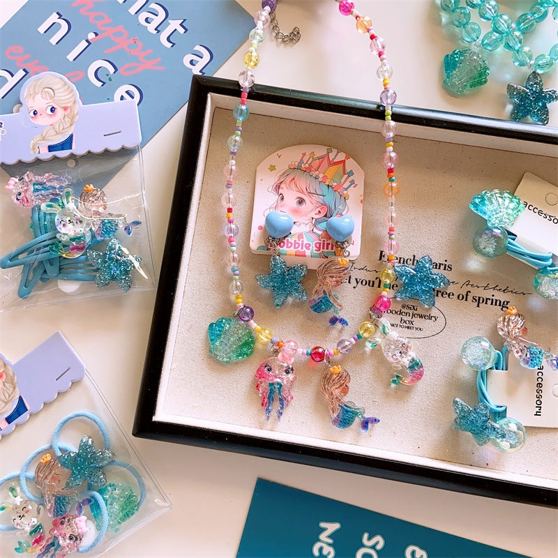 Children's Ocean Theme Resin Jewelry Set - Starfish, Mermaid, Shell Hair Accessories and Necklace