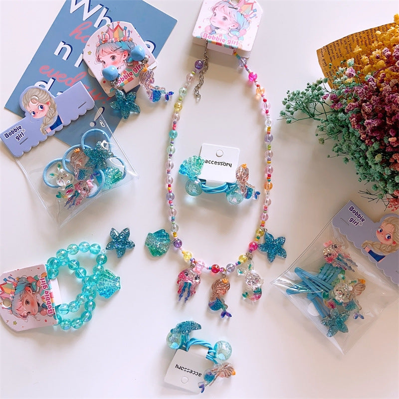 Children's Ocean Theme Resin Jewelry Set - Starfish, Mermaid, Shell Hair Accessories and Necklace