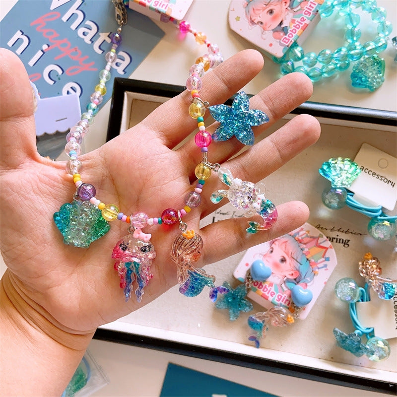 Children's Ocean Theme Resin Jewelry Set - Starfish, Mermaid, Shell Hair Accessories and Necklace