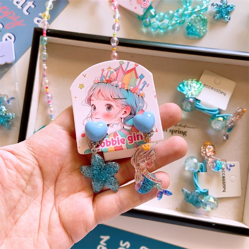 Children's Ocean Theme Resin Jewelry Set - Starfish, Mermaid, Shell Hair Accessories and Necklace