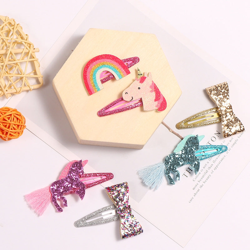 Children's Ice Cream Heart & Unicorn Bow Sequin Glitter Hair Clips Set