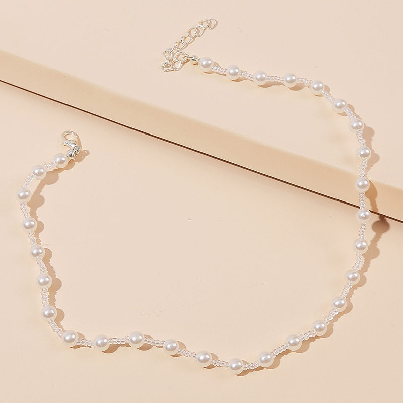 Korean Cute Hand-Woven Imitation Pearl Choker Necklace for Women