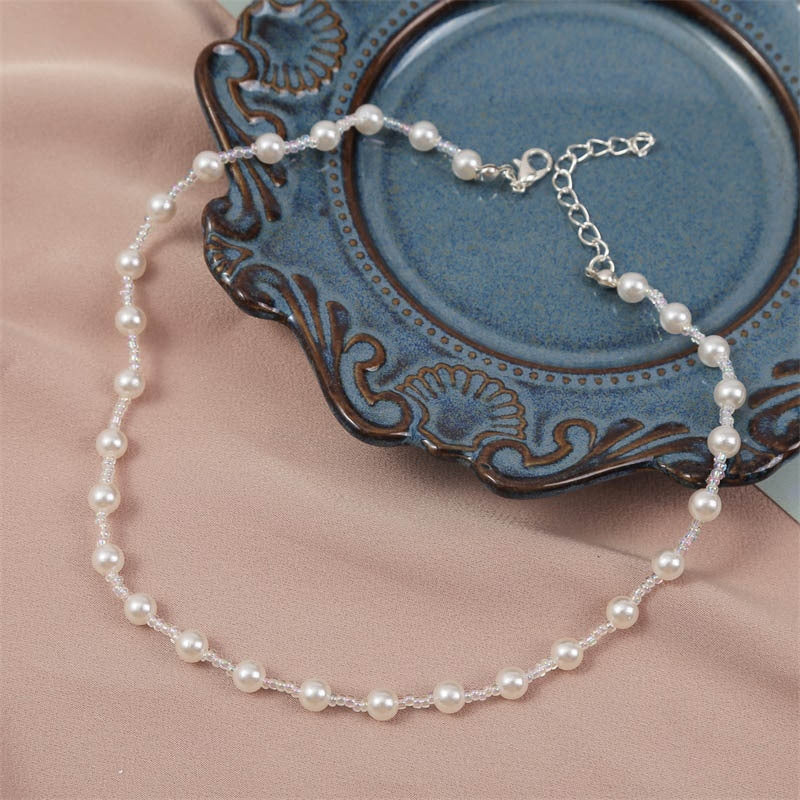 Korean Cute Hand-Woven Imitation Pearl Choker Necklace for Women