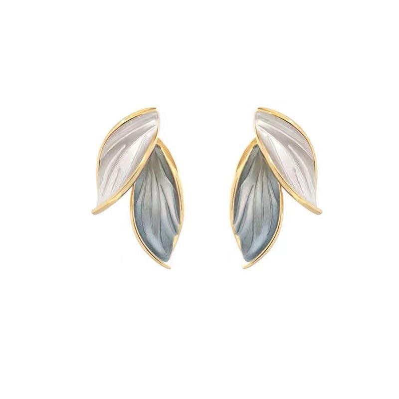 Korean Blue White Leaf Stud Earrings - Elegant Fresh Design