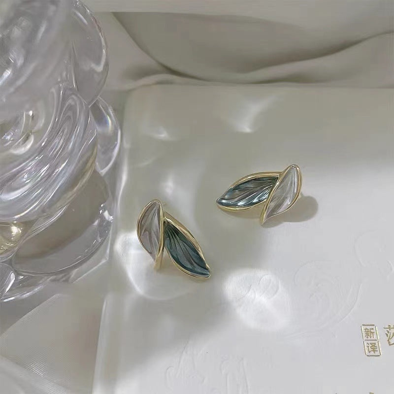 Korean Blue White Leaf Stud Earrings - Elegant Fresh Design