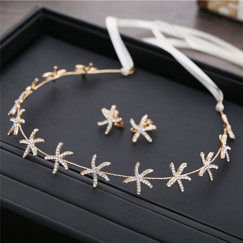 Korean Bridal Rhinestone Star Hairband and Ear Clip Set for Weddings