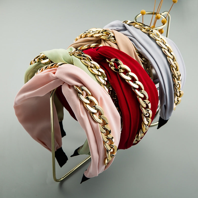 Korean Creative Fabric Headband with Gold Chain Decoration - Wide-brimmed Knotted Design