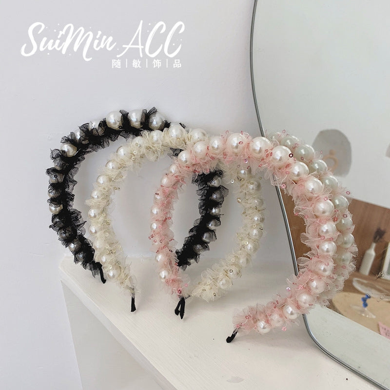 Korean Style Mesh Sequin Pearl Headband Hair Accessory