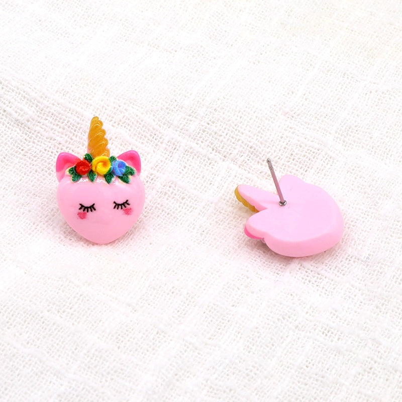 Korean Fashion Pink Resin Cartoon Unicorn Earrings