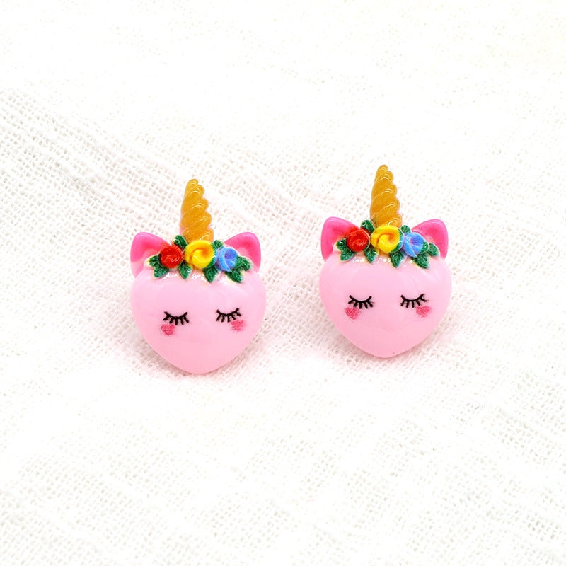 Korean Fashion Pink Resin Cartoon Unicorn Earrings