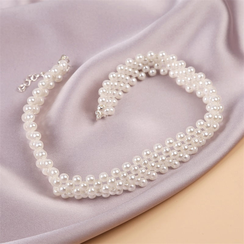 Korean Minimalist Pearl Woven Choker Necklace