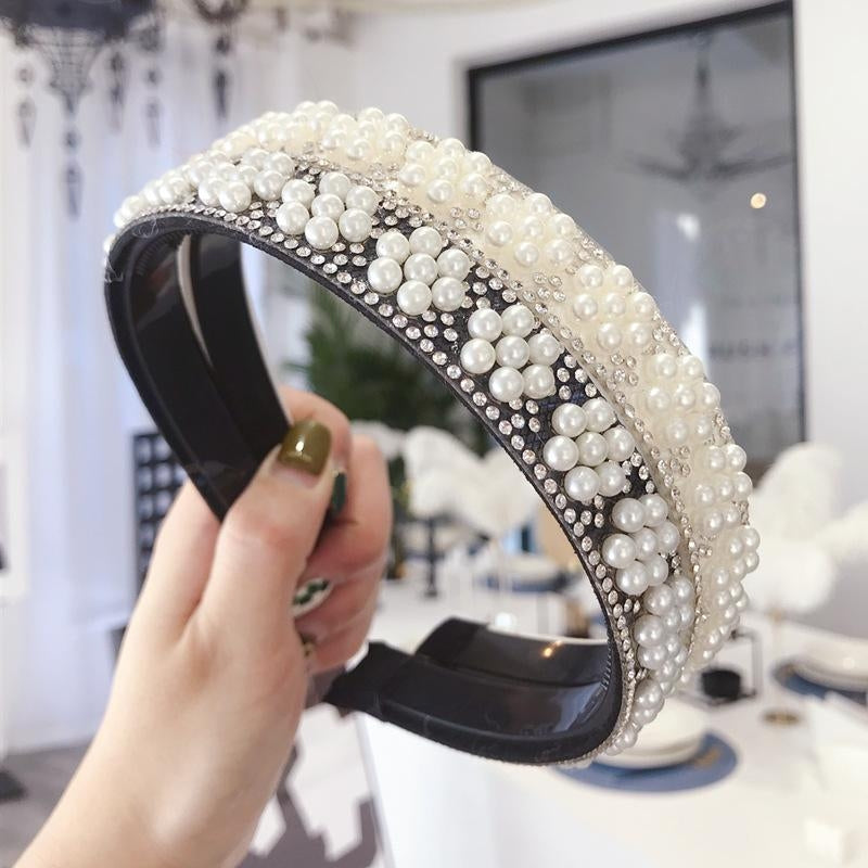 Korean Pearl Flower Rhinestone Metal Wave Headband