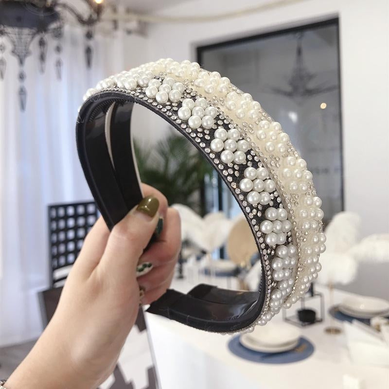 Korean Pearl Flower Rhinestone Metal Wave Headband