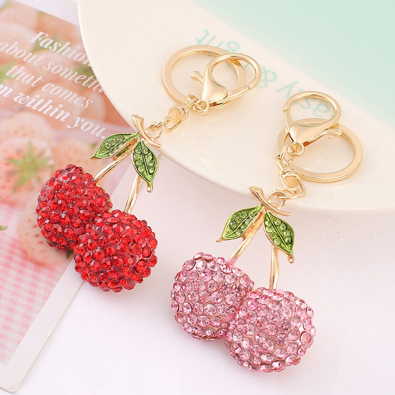 Korean Style Rhinestone Cherry Alloy Keychain Pendant