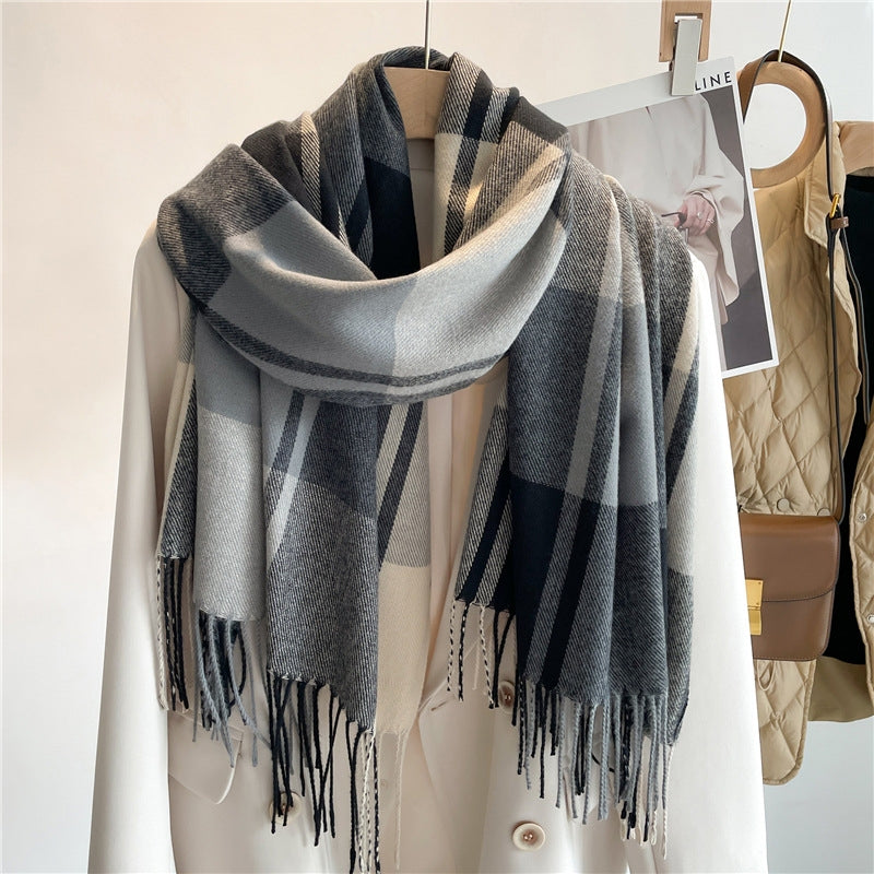 Korean Plaid Scarf Unisex Autumn Winter Warm Shawl Long Tassel Imitation Cashmere