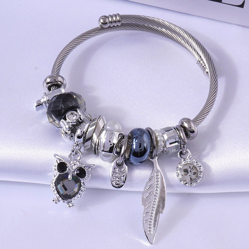 Women's Gold Stainless Steel Crystal Cuff Bracelet with Butterfly Tassel Charm