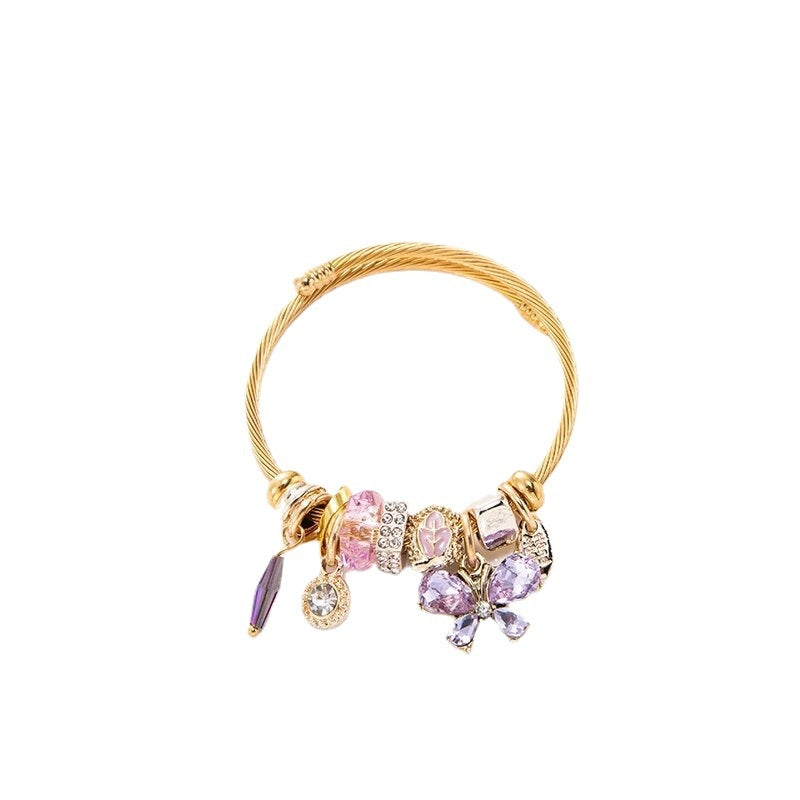 Women's Gold Stainless Steel Crystal Cuff Bracelet with Butterfly Tassel Charm