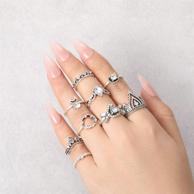 Bohemian Moon Crescent Crown Silver Plated Ring Set with Artificial Diamonds