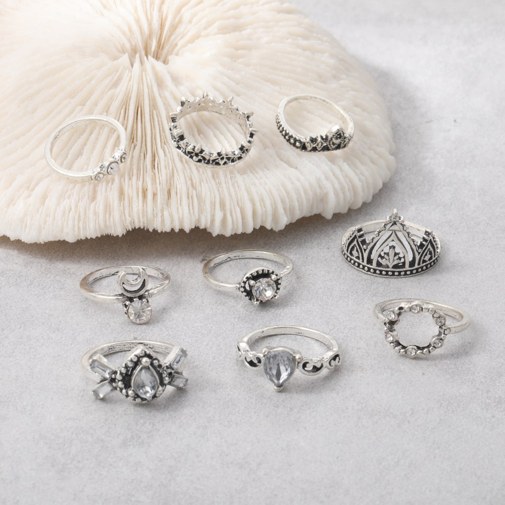 Bohemian Moon Crescent Crown Silver Plated Ring Set with Artificial Diamonds