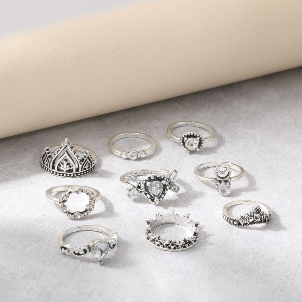 Bohemian Moon Crescent Crown Silver Plated Ring Set with Artificial Diamonds