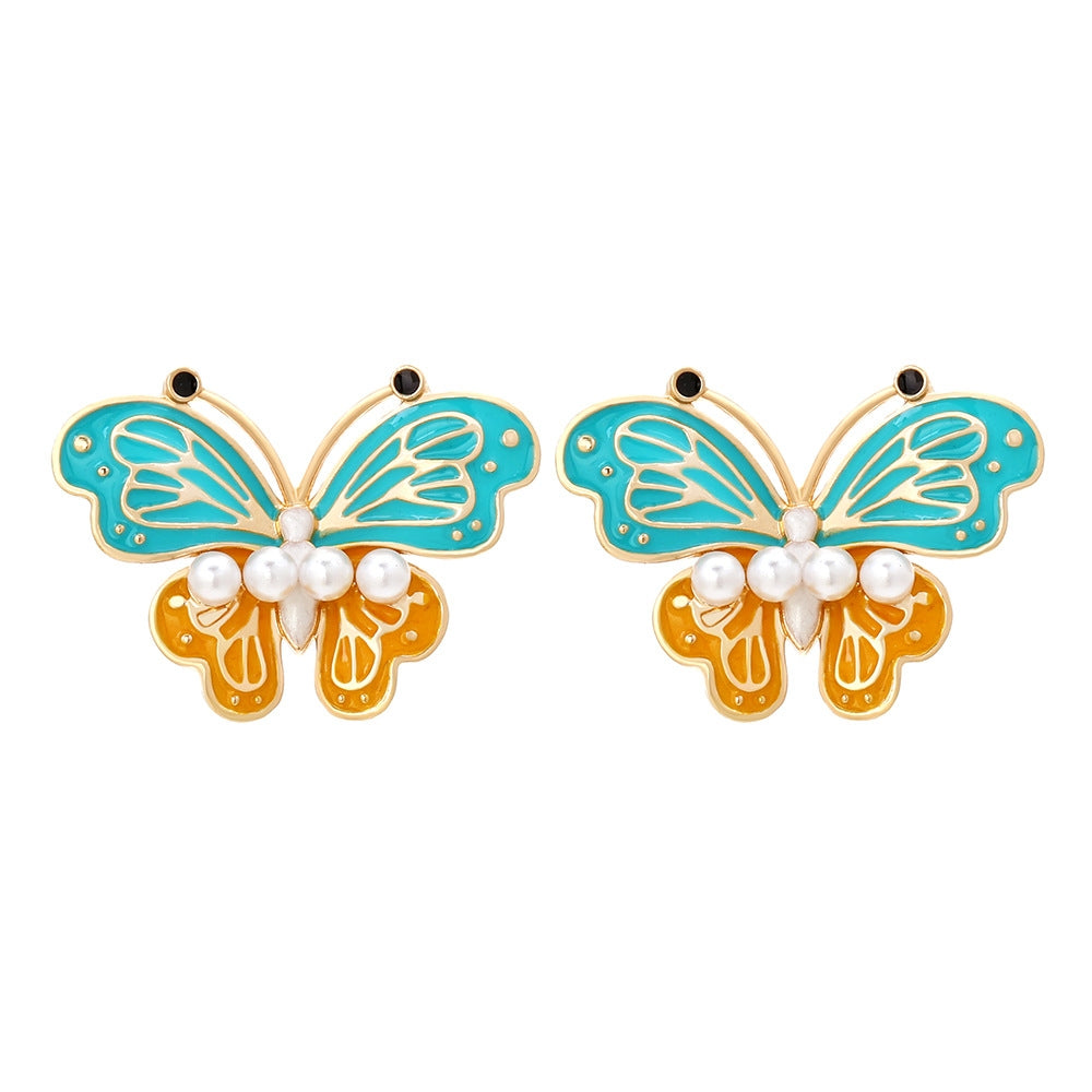 Butterfly Enamel Pearl Alloy Stud Earrings for Women