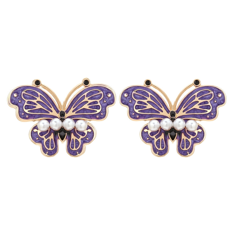 Butterfly Enamel Pearl Alloy Stud Earrings for Women