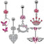 Elegant Butterfly & Crown Zircon Inlay Belly Ring Set - Stainless Steel & Gold Plated Jewelry