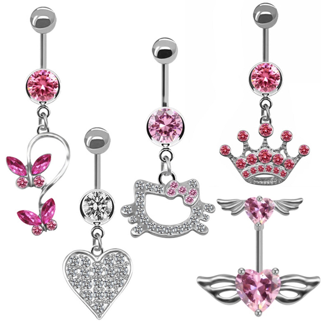 Elegant Butterfly & Crown Zircon Inlay Belly Ring Set - Stainless Steel & Gold Plated Jewelry