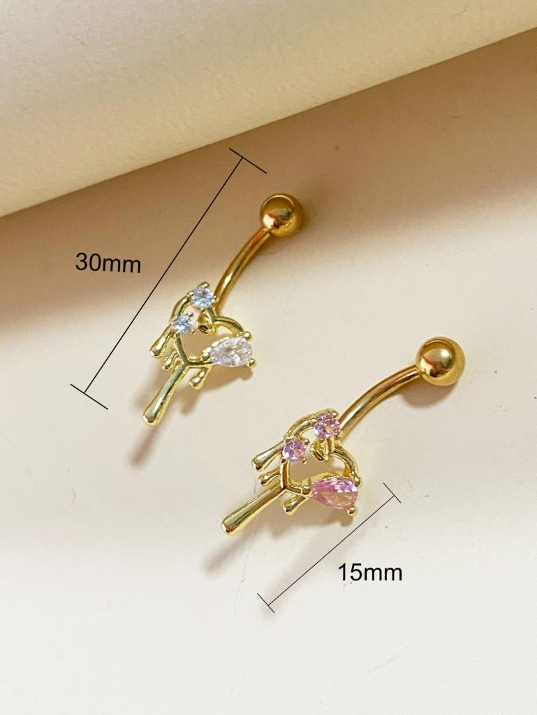 Classic Heart Zircon Inlay Stainless Steel Belly Ring - Gold/Silver Plated Body Jewelry