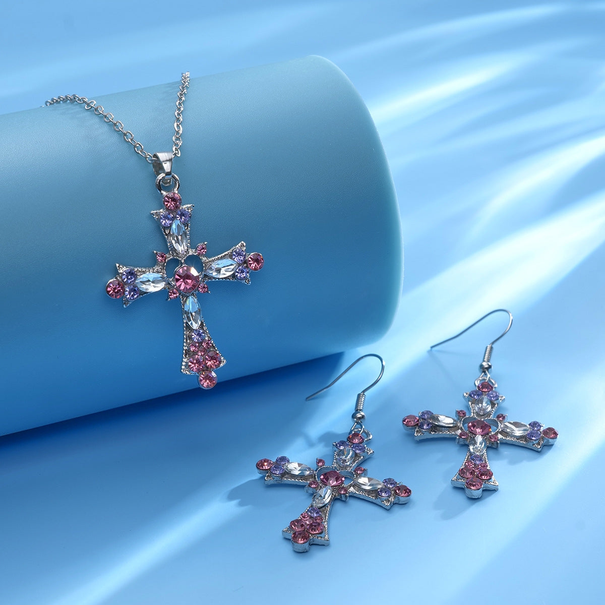 Bohemian Chic Cross Pendant Necklace and Earrings Set