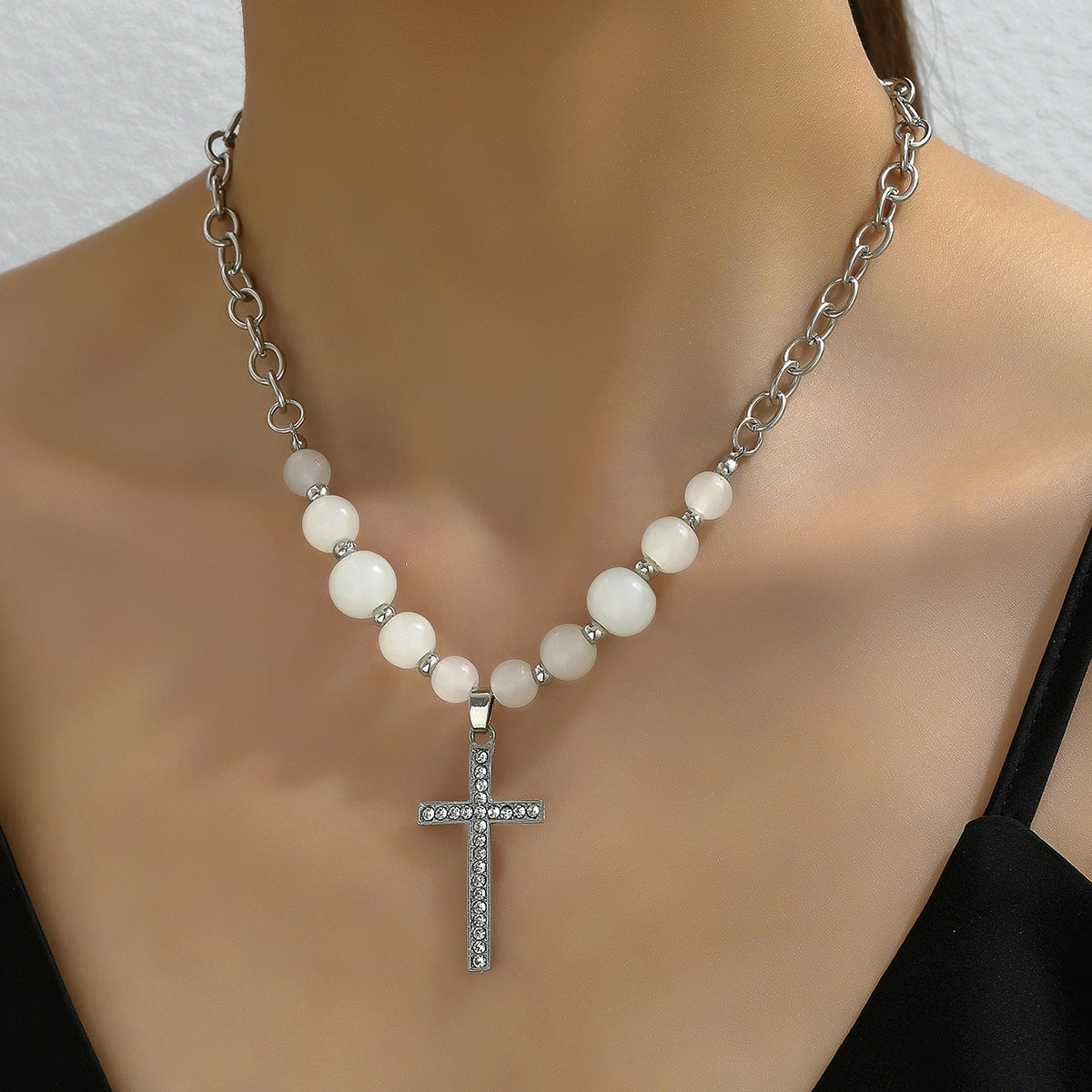 Cross Pendant Necklace with Inlaid Gemstones and Beaded Chain