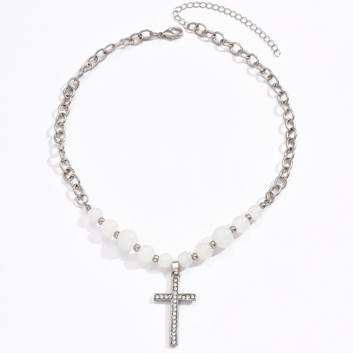 Cross Pendant Necklace with Inlaid Gemstones and Beaded Chain