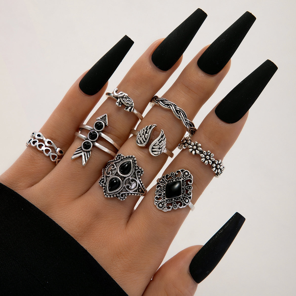 Women's Geometric Alloy Plated Gemstone Vintage Feather Cross Ring Set