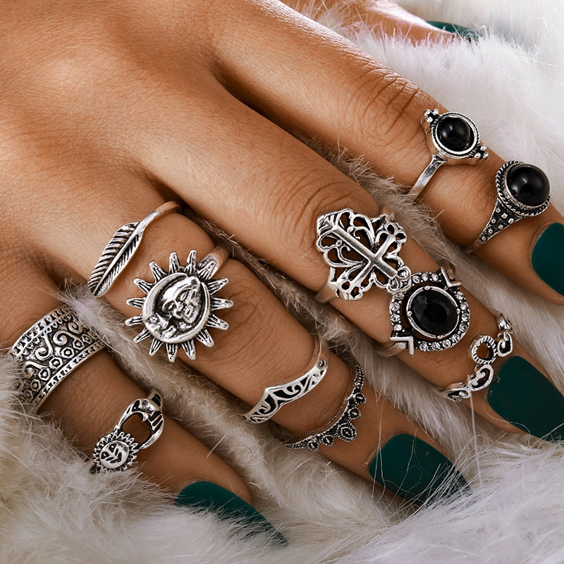 Women's Geometric Alloy Plated Gemstone Vintage Feather Cross Ring Set