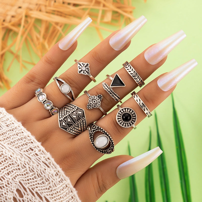 Women's Geometric Alloy Plated Gemstone Vintage Feather Cross Ring Set