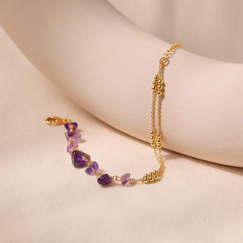 18k Gold Plated Geometric Metal Bracelet with Purple Natural Crystal Gravel