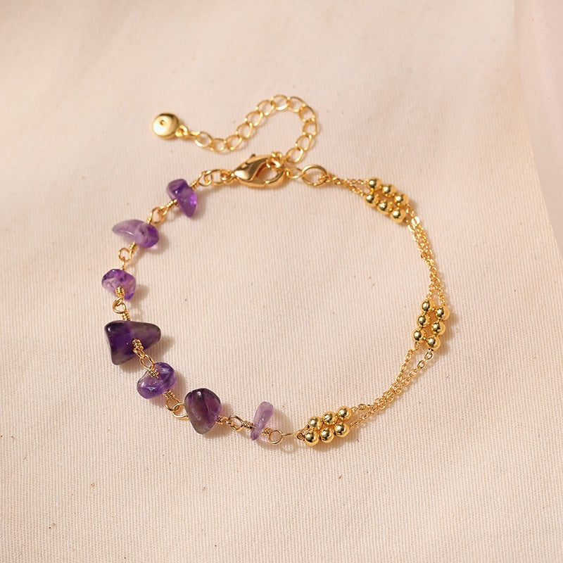 18k Gold Plated Geometric Metal Bracelet with Purple Natural Crystal Gravel