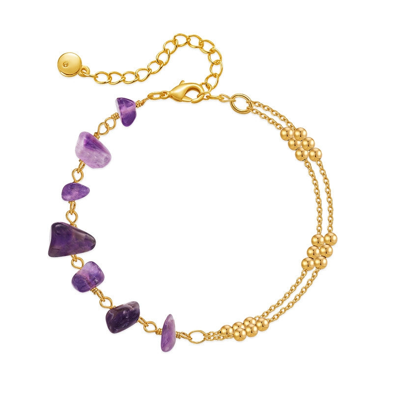 18k Gold Plated Geometric Metal Bracelet with Purple Natural Crystal Gravel