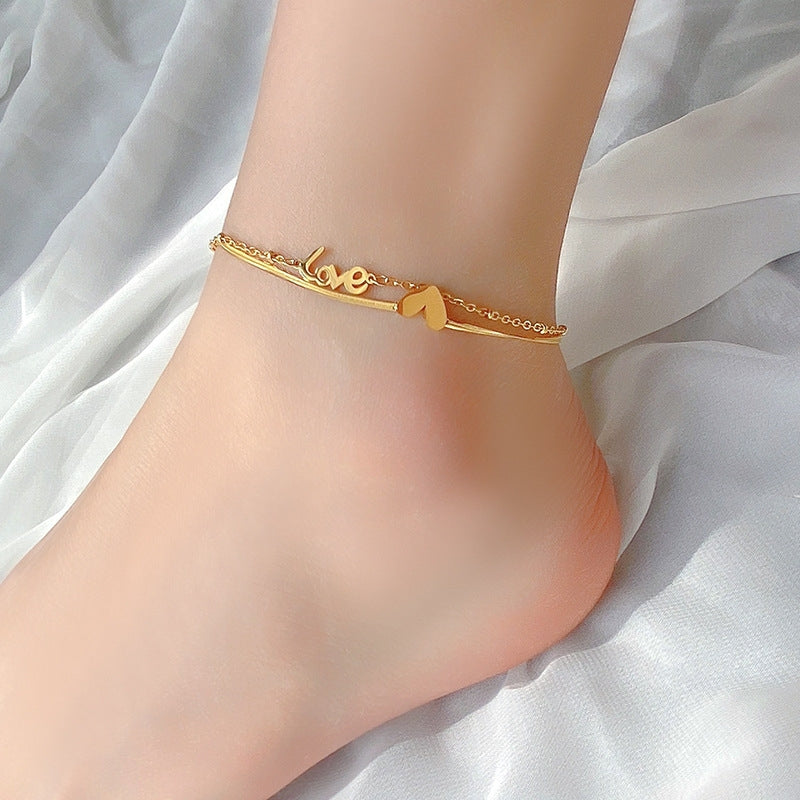 Heart Shape Titanium Steel Double Layer Women's Anklet Bracelet