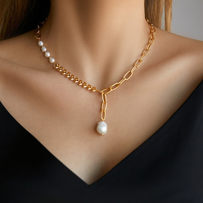 Elegant Freshwater Pearl & Copper Beaded Asymmetric Pendant Necklace