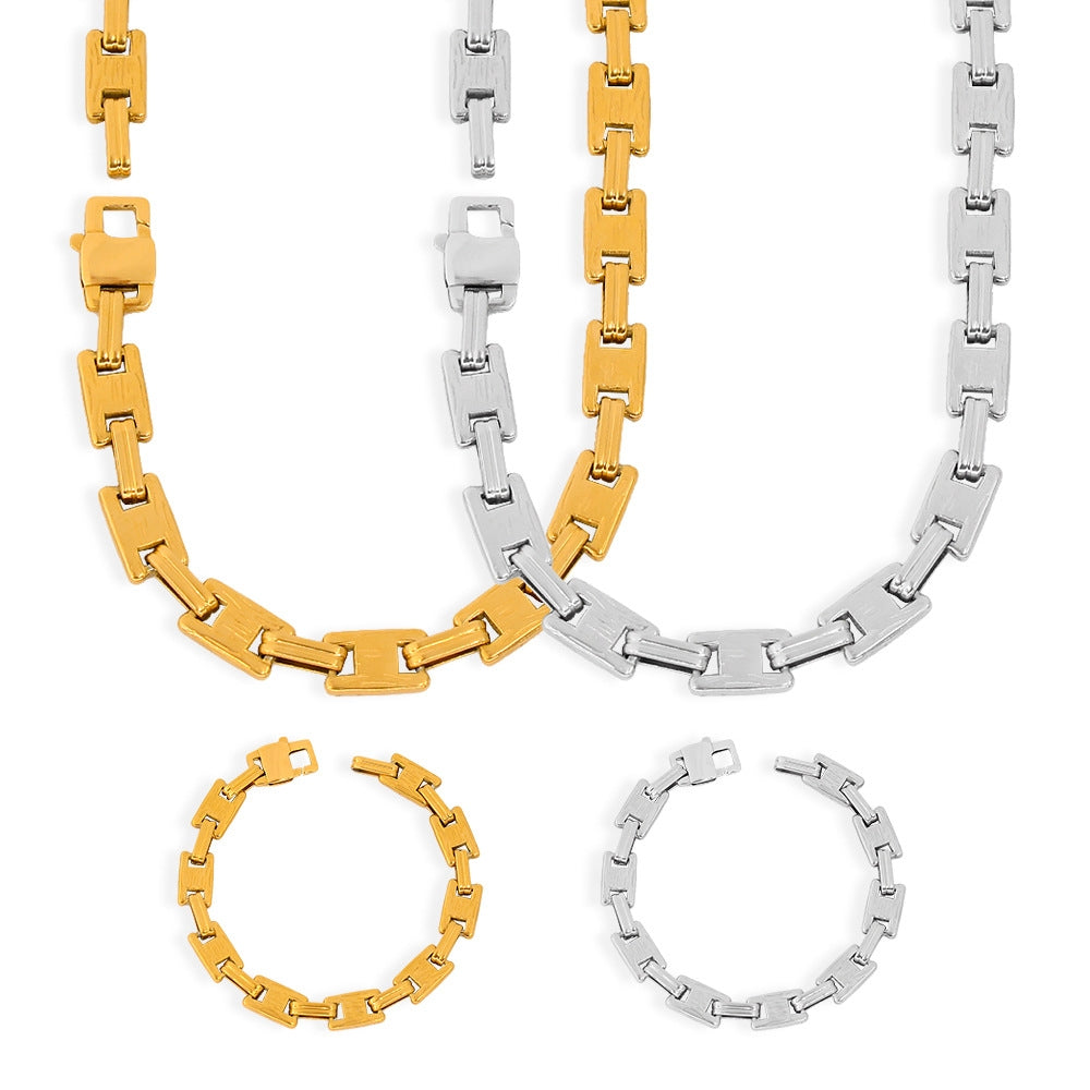 Lady Rectangle Stainless Steel Chain Bracelet and Necklace Set