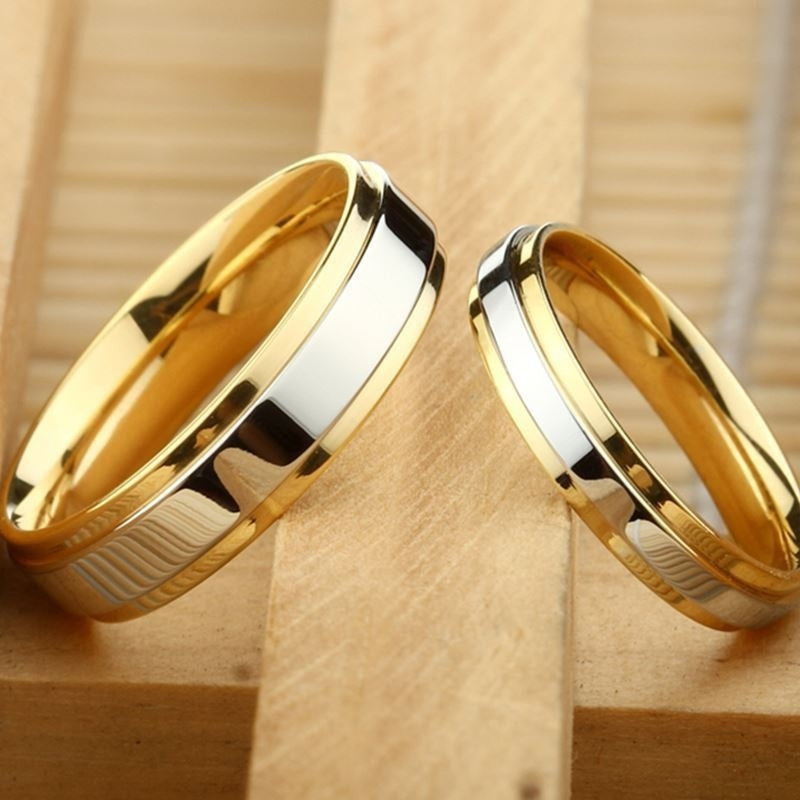 Ladies' Geometric Stainless Steel Couple Rings - Gold Plated Finish