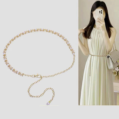 Women's Solid Color Alloy Chain Belt with Pearl Embellishments