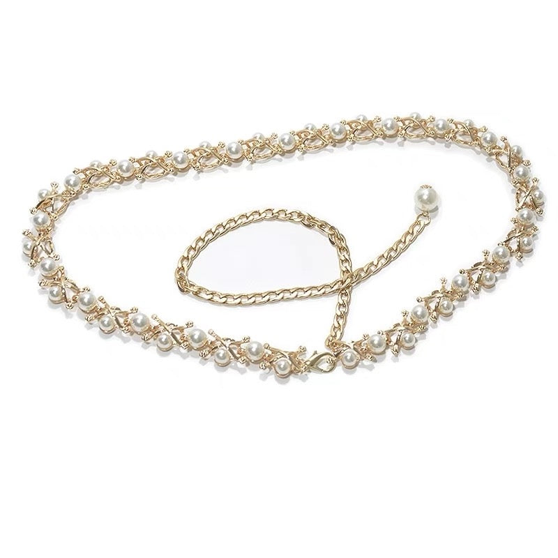 Women's Solid Color Alloy Chain Belt with Pearl Embellishments