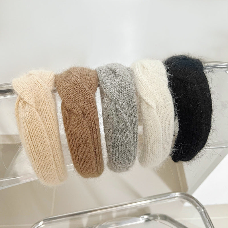 Solid Color Knit Hair Band - Cross Knot Plush Headband for Winter