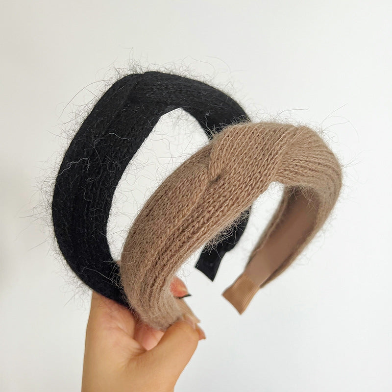 Solid Color Knit Hair Band - Cross Knot Plush Headband for Winter