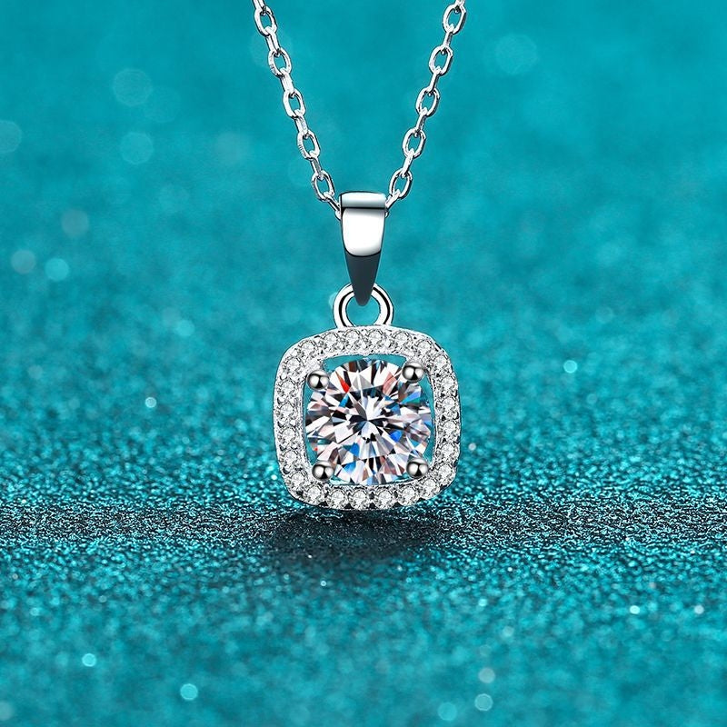 Sterling Silver Square Moissanite Zircon Pendant Necklace for Women