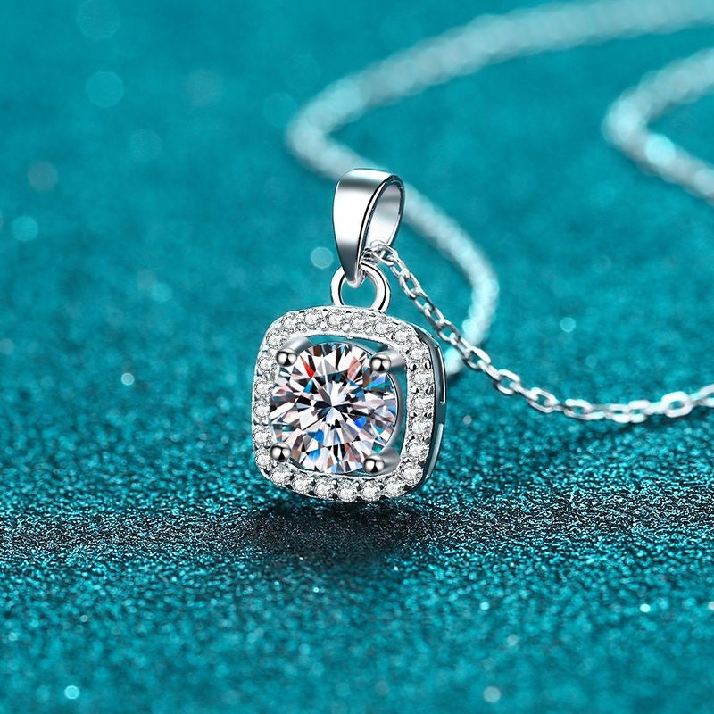 Sterling Silver Square Moissanite Zircon Pendant Necklace for Women