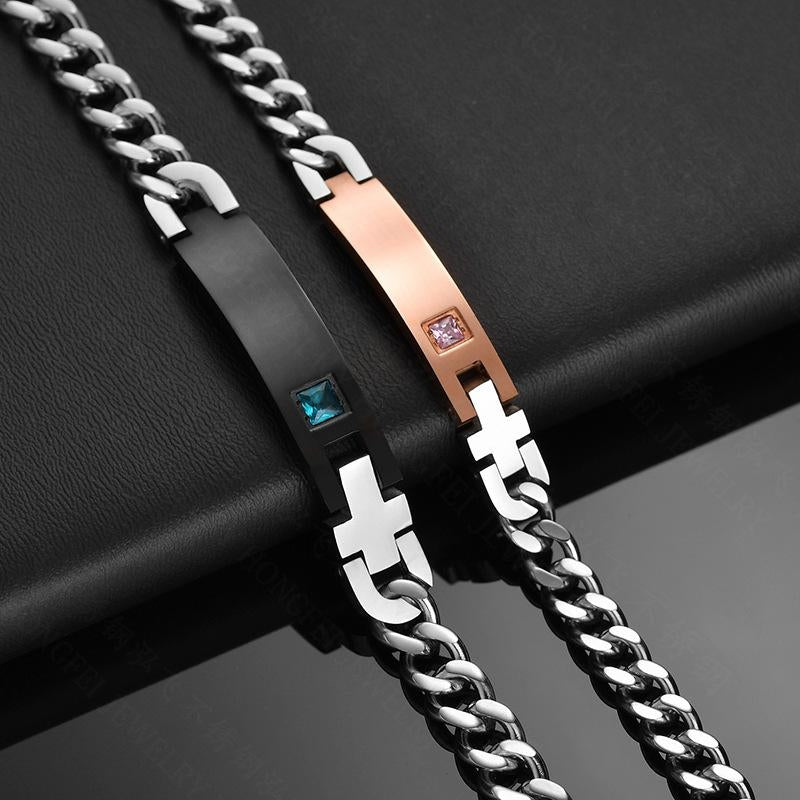 Personalized Stainless Steel Diamond Couple ID Bracelet